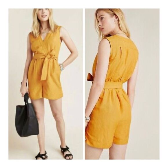 Anthropologie Luana Gold Mustard Tie Romper Size 2 NWOT. - Picture 1 of 9